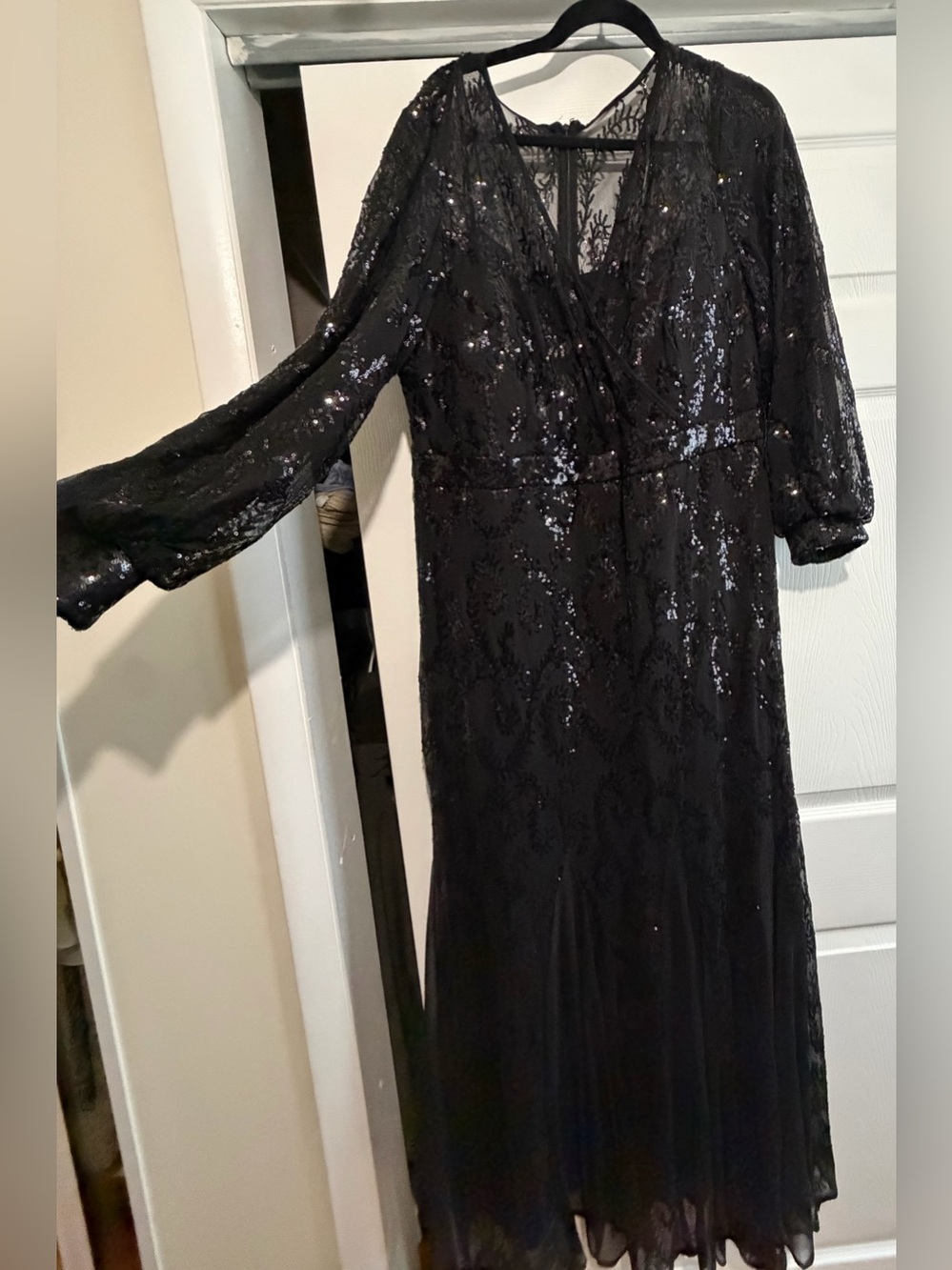 R&M Richards Black Long Sleeve Sequin Evening Gown
